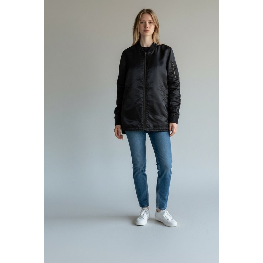 Elwood Bomber Jacket Womens Moto S Black Longline Full Zip Pockets ruched sleeve